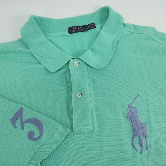 Polo Ralph Lauren Mens 4XB 4XL Big Pony Blue Number 3 Green Polo Shirt - Flaws - Picture 1 of 10